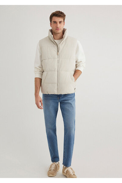 Mavi Kapüşonlu Ekru Şişme Mont Loose Fit / Bol Rahat Kesim 0110556-70144