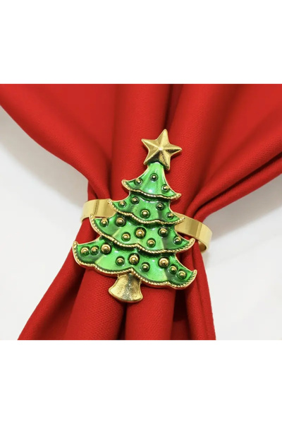 İsmet toka 6 Adet - Çam Ağacı Yılbaşı Peçete Halka Yüzük (KARARMAZ) Yılbaşı - Metal Aksesuar