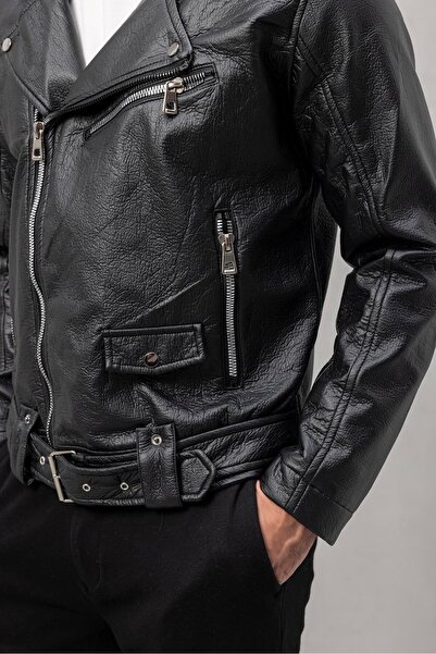 Valiberta Russell Çok Cepli Biker Deri Görünümlü Erkek Ceket - Siyah