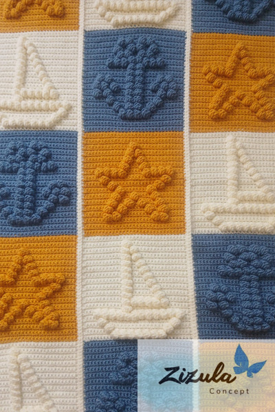 Zizula Concept Alize Baby Best El Örgüsü Popcorn Denizci Konsept (GEMİ-ÇAPA ve YILDIZ) Bebek Battaniyesi 90 x 90 cm