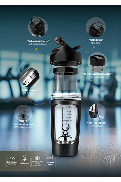 Stevig 4 Gym Şarj Edilebilir Elektrikli Protein Shaker 650 Ml Black ST-225