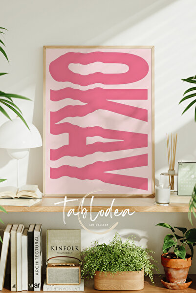 tablodea Okay Retro Çerçeveli Poster Tablo, Okay Minimalist Tablo, Okay Modern Dekoratif Tablo, Pembe Tablo