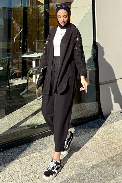 Tesettür Diyarı Arkası İşlemeli Yazlık Kimono Takım- Siyah