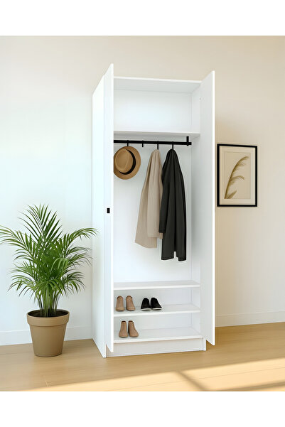 GeKa Mobilya Beyaz Fonksiyonel Portmanto – Modül 3: Askılı Çift Kapaklı Dolap
