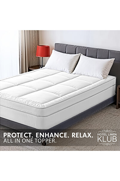 Hotel Linen Klub Premium Fitted-Style Mattress Topper 9cm/800GSM with deep pocket and all around elastic – White