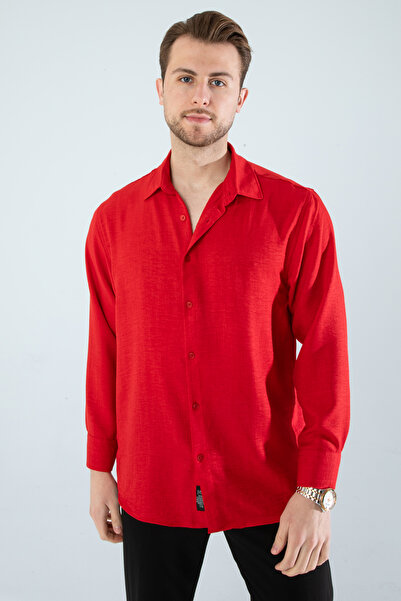 YXC Trend Maker Ανδρικό λινό πουκάμισο με υφή oversize κόκκινο ανδρικό πουκάμισο