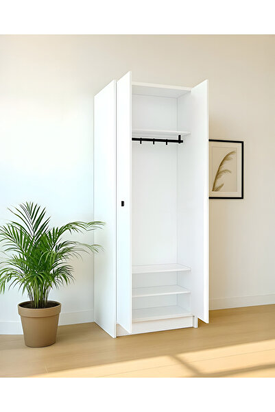 GeKa Mobilya Beyaz Fonksiyonel Portmanto – Modül 3: Askılı Çift Kapaklı Dolap