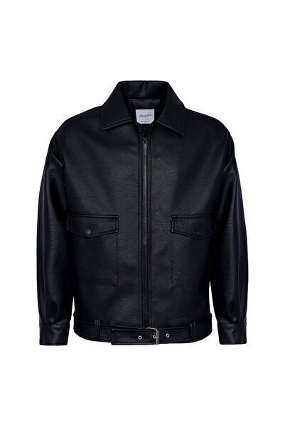 Mach Men's Oversize Fur Lined Belted Leather Jacket