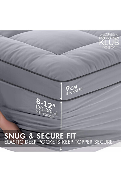 Hotel Linen Klub Premium Fitted-Style Mattress Topper 9cm/800GSM with deep pocket and all around elastic – Silver