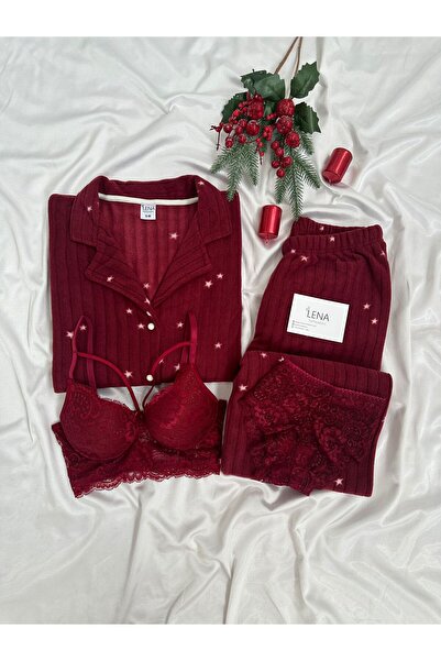 Lena Homewears Set de pijamale din lână cu nasturi cu model de stele și lenje...