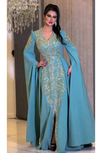 NHMODA Krep Kumaş, Altın Renk İşlemeli, V Yaka, Yarasa Kollu, Abiye