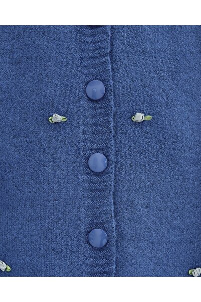 Modamorfo Buttoned Floral Detailed Soft Cardigan -Blue