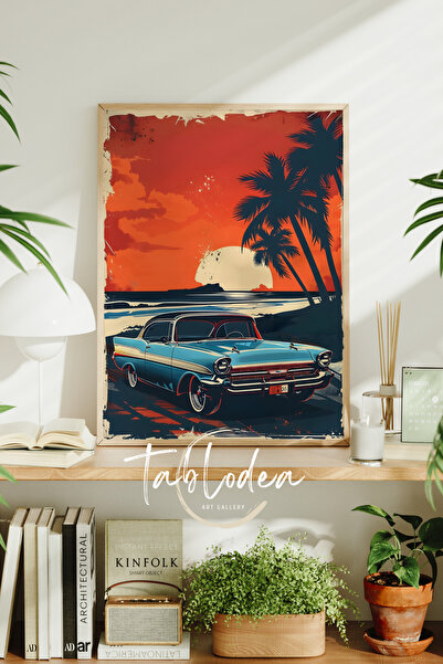 tablodea Pictură retro cu mașină și apus de soare – Poster înrămat cu peisaj ...