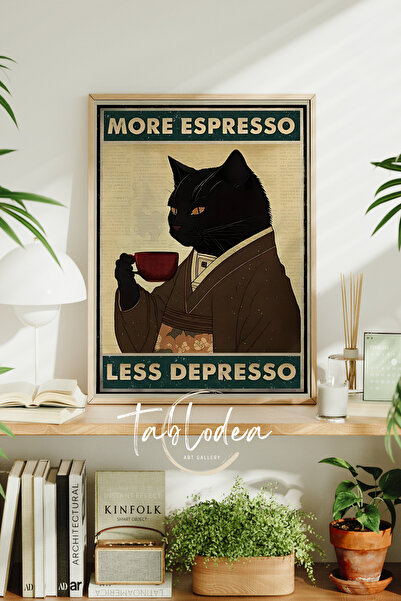 tablodea Retro Kahve Köşesi Kedi İllüstrasyon Çerçeveli Poster Tablo, Soyut D...