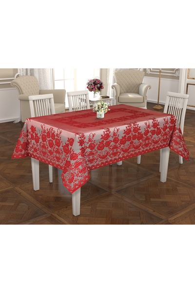 WENESSİ Örme Tül Kumaş Güllü Desenli Masa Örtüsü 160x220 (KIRMIZI)