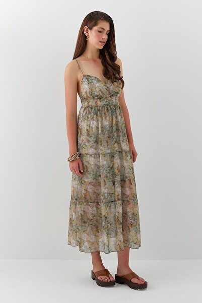 MARKALİSTE Patterned V-Neck Chiffon Dress Green