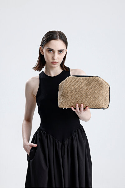 HEYBE'S Heybes Women's Black Leather Detailed Herringbone Knitted Jute Clutch Handbag