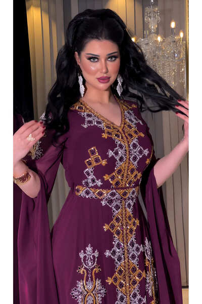 NHMODA Altın Ve Gümüş Renk Taş İşlemeli Şifon Kumaş V-Yaka Yarım Şeffaf Kol Abiye