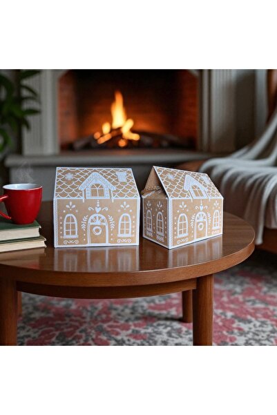 roco paper Yılbaşı Ev Tasarımlı Kutu Çanta, Dekoratif Yeniyıl, Düğün Hediye Çantası,Baskılı-12li, 9.5x14.5x15Cm