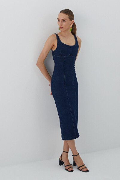 MARKALİSTE Yırtmaçlı Kot Elbise Mavi