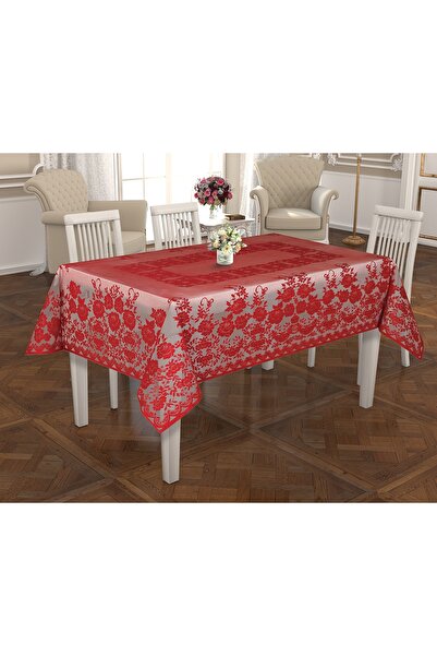 WENESSİ Örme Tül Kumaş Güllü Desenli Masa Örtüsü 140x180 (KIRMIZI)
