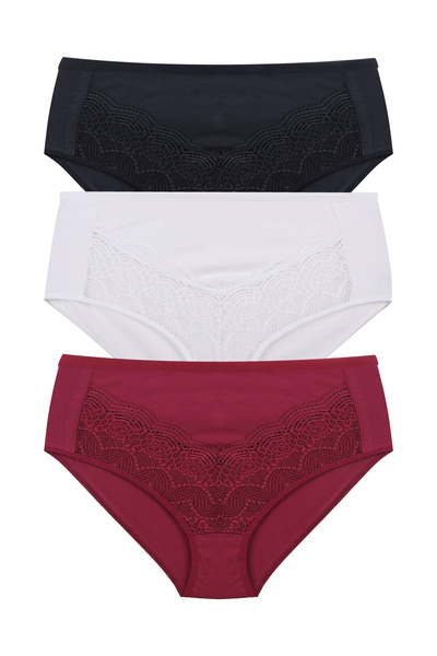 koza iç giyim Women's 3-Piece Wide-Brimmed Lace Cotton Ribbed Panties