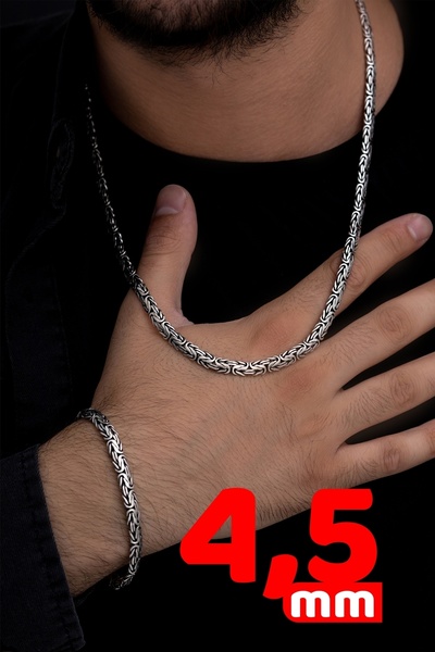 OSMANLI GÜMÜŞ Erkek Gümüş Kolye Bileklik Set - 4.5mm Yassı Ezme Kral Gümüş Bileklik Set