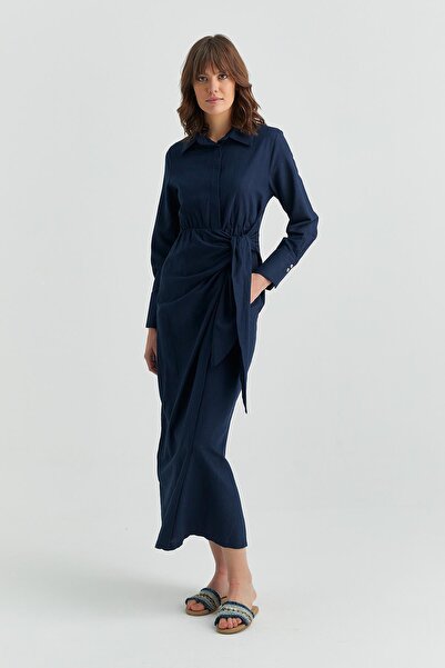 MARKALİSTE Navy Blue Linen Dress - Skirt Tied