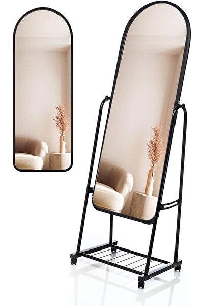 Crestj Full Length Mirror with Stand and Adjustable Wheels 160x43cm Black