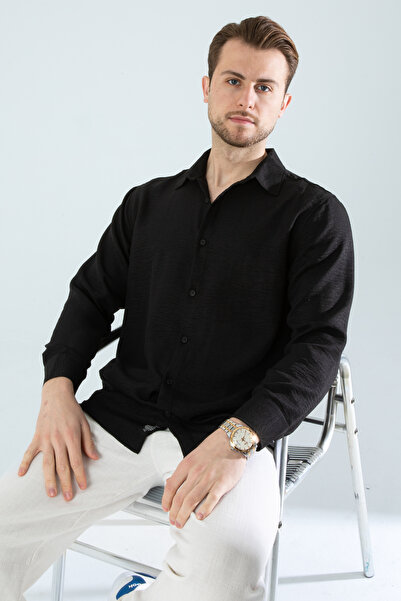 YXC Trend Maker Ανδρικό λινό πουκάμισο με υφή oversize μαύρο ανδρικό πουκάμισο