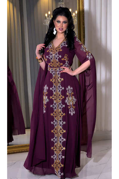 NHMODA Altın Ve Gümüş Renk Taş İşlemeli Şifon Kumaş V-Yaka Yarım Şeffaf Kol Abiye