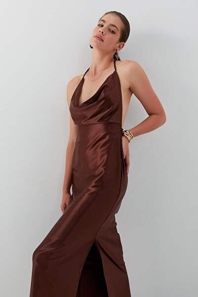 MARKALİSTE Σατέν Φόρεμα Degaje Γιακά Καφέ