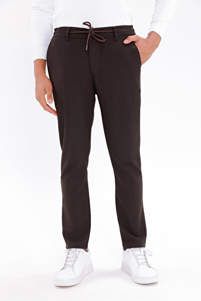 Firststops Men's Dark Brown Linen Look Comfortable Fit Breathable Lace-Up Trousers