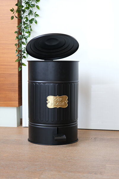 Yıldıray Metal غطاء معدني أسود اللون، سلة المهملات بدواسة معدنية مجلفنة، 16 لترًا