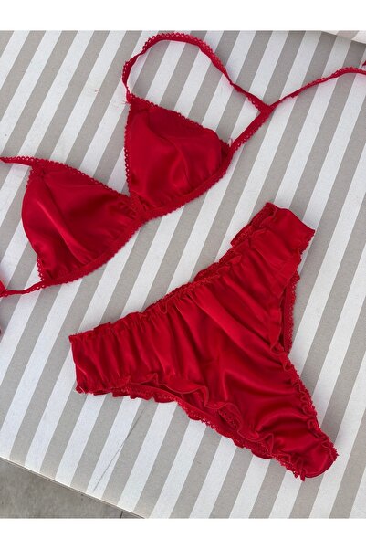 SanalBarkod Saten Kırmızı İç Çamaşır Takımı Kadın Sütyen Külot Seti