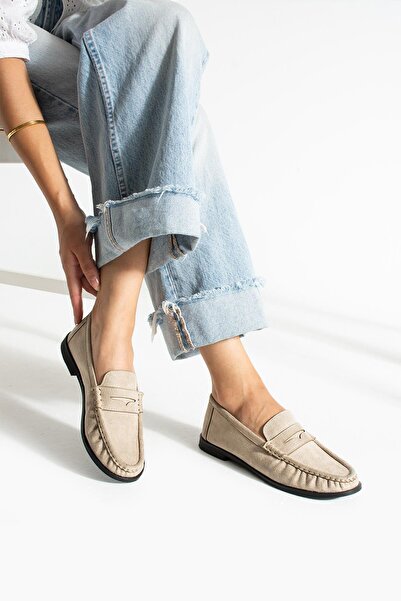 diclepolat Lucy Дамски мокасини Saraç Детайлни удобни ежедневни обувки Бежов велур
