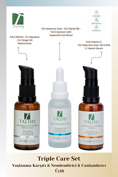 Triple Care Set – Retinol Krem, Hyaluronik Asit Nemlendirici Serum ve Vitamin C Aydınlatıcı Krem