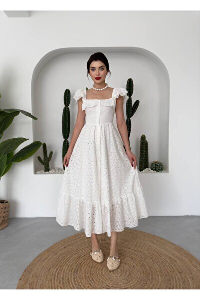 WOWBUTİK فستان نسائي ذو رقبة مربعة متوسط الطول وقصة ضيقة ومبطن باللون الأبيض ...