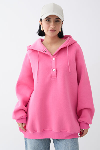 InStyle Çıtçıt Yaka Kapüşonlu Pembe Sweat