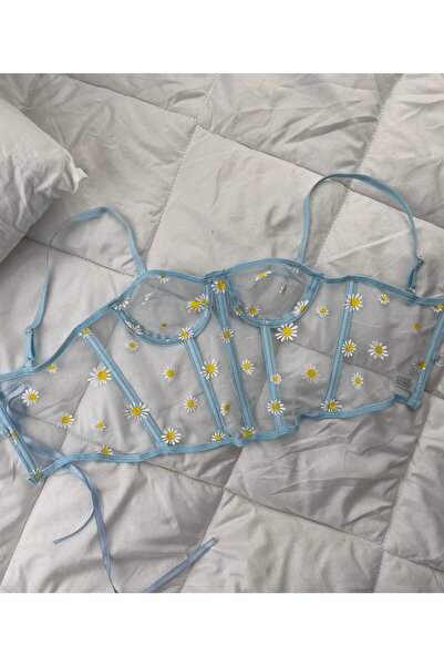 Genel Markalar Papatya Desenli Mavi Transparan Bralet Korse Büstiyer (göğüs K...