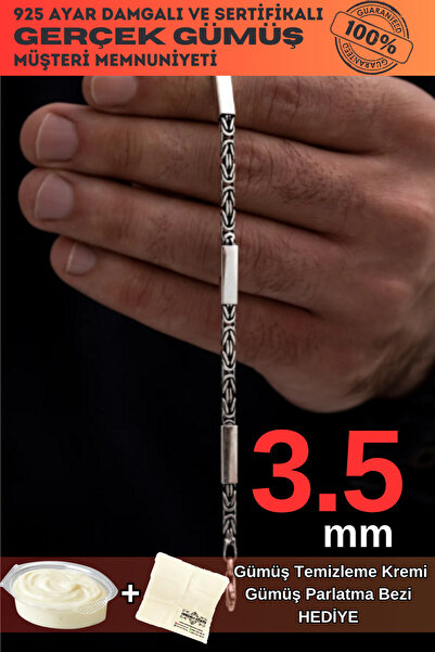 OSMANLI GÜMÜŞ Kare Parçalı Erkek Kral Gümüş Bileklik Künye 3.5mm Orta Kalınlıkta