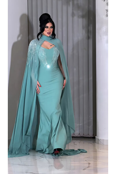 NHMODA فستان سهرة لامع مطرز بالأحجار مع تفاصيل كيب