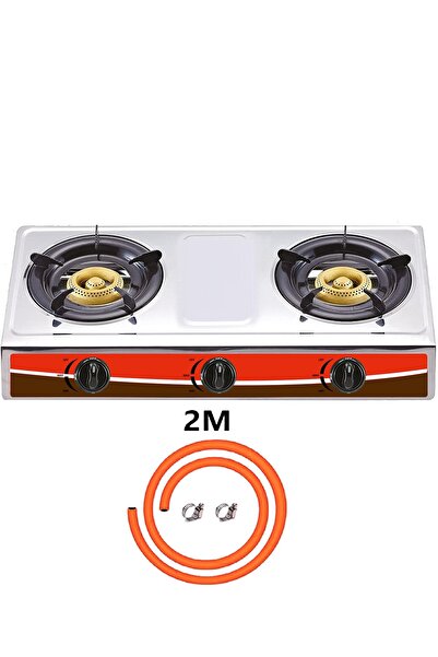 REFURA موقد غاز مزدوج الشعلات مصنوع من الفولاذ المقاوم للصدأ مع لي غاز 2 متر