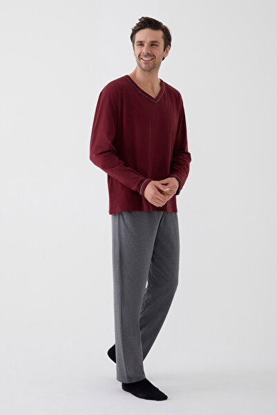 koza iç giyim Erkek Pamuklu Uzun Kollu Ara Biyeli Cep Detaylı Pijama Takımı