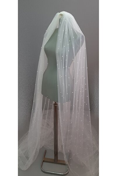 Suzanna Moda Ful Incili 3mt Boy 3mt Eni Tek Kat Kırık Beyaz Taraklı Hayal Tül Gelin Duvağı