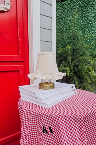 KaiAtelier Natural Keten Fırfırlı Kablosuz Masa Lambası / Eskitme Gold Ayak