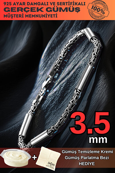 OSMANLI GÜMÜŞ Erkek Kral Gümüş Bileklik Künye 3.5mm Özel Tasarım Silindir Par...