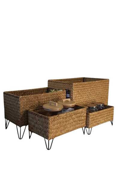 Bahçem Ferforje Metal Ayaklı Dikdörtgen Dekoratif Çok Amaçlı Bambu Hasır Sepet 4'lü Set