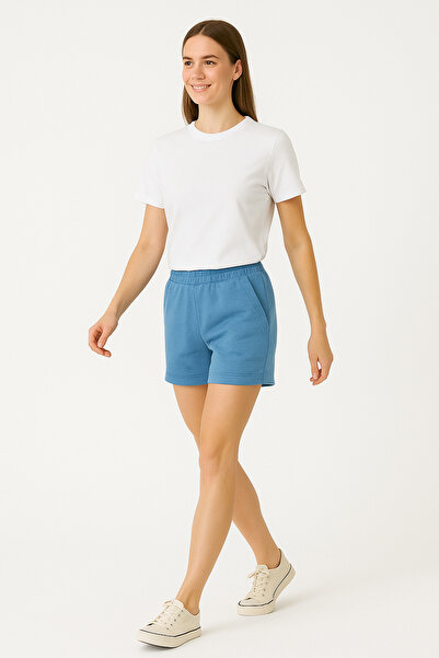 getbrosp Kadın Mavi Şardonlu Yüksek Bel Kısa Şort - Rahat Kalıp, Cepli Tasarım