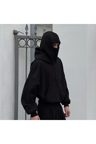 BALİNA Siyah Kar Maskeli Samuray 3 İplik Premium Kapüşonlu Sweatshirt -BLN